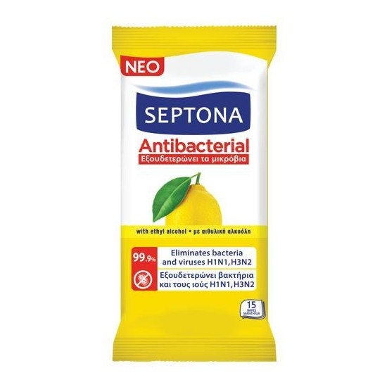 Изображение ВЛАЖНЫЕ АНТИБАКТЕРИАЛЬНЫЕ САЛФЕТКИ SEPTONA LEMON 15 ШТ.